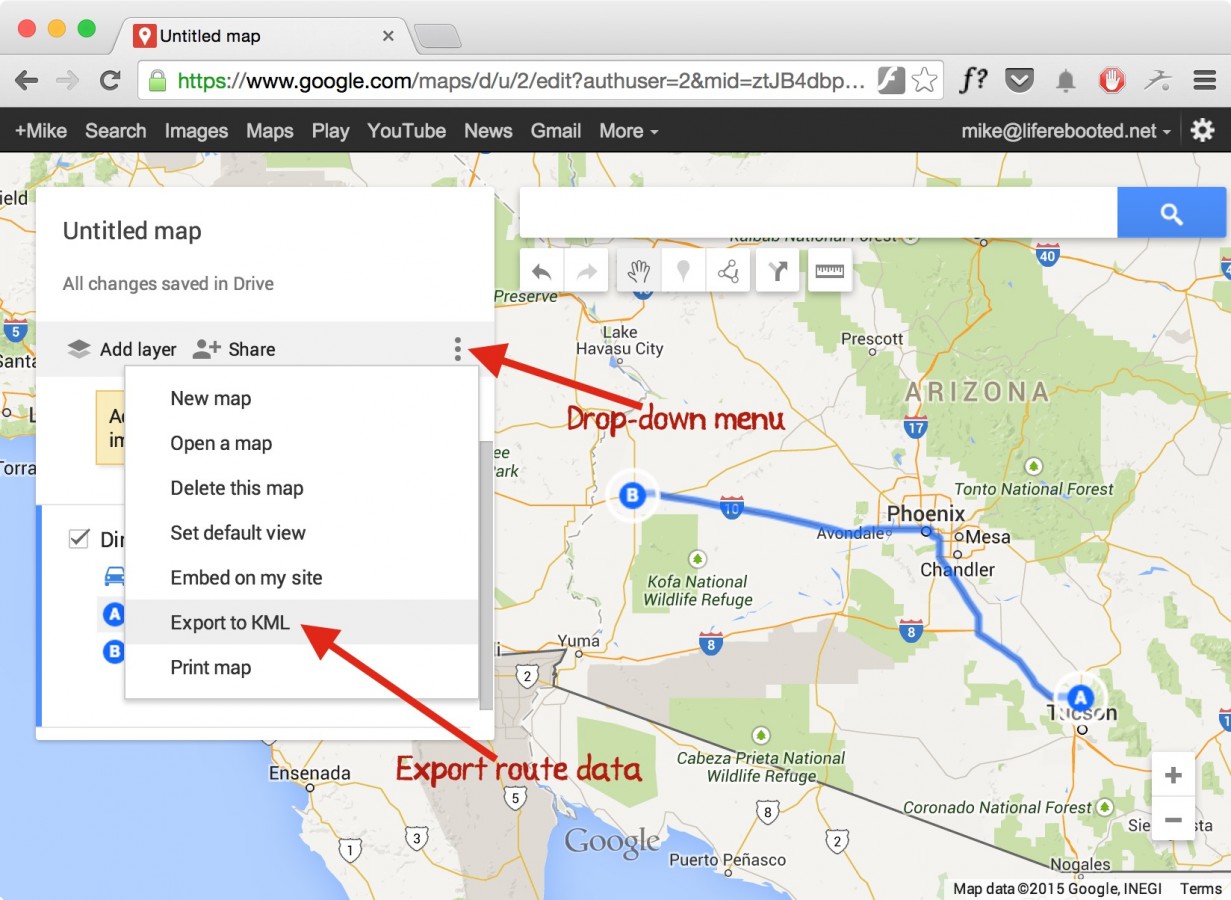Figure 13 -- exporting route data from Google maps