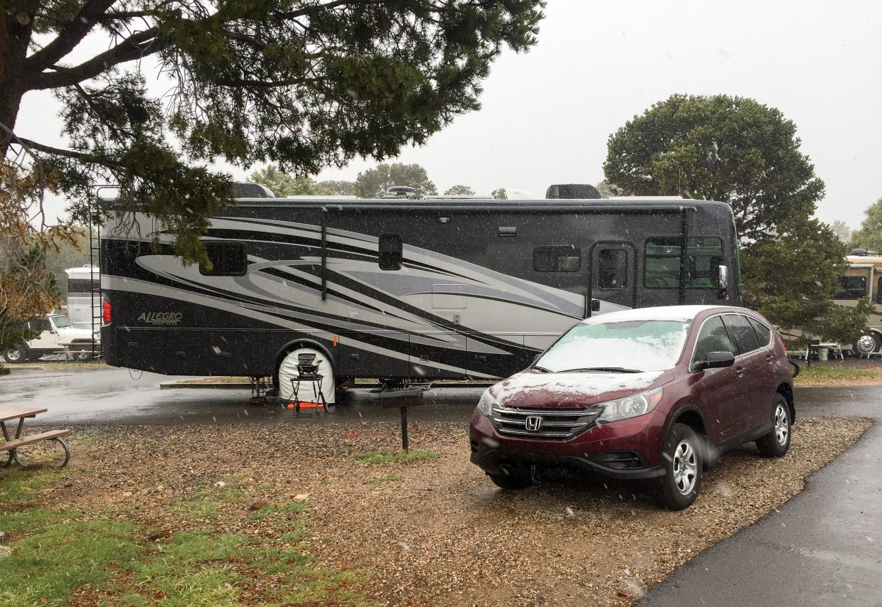 Light snow falling at Grand Canyon Trailer Village in early May