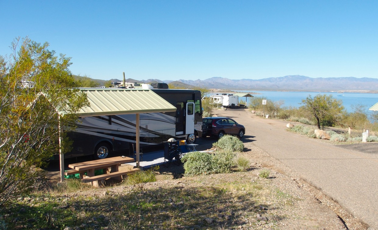 Rover parked at Lake Pleasant Regional Park.